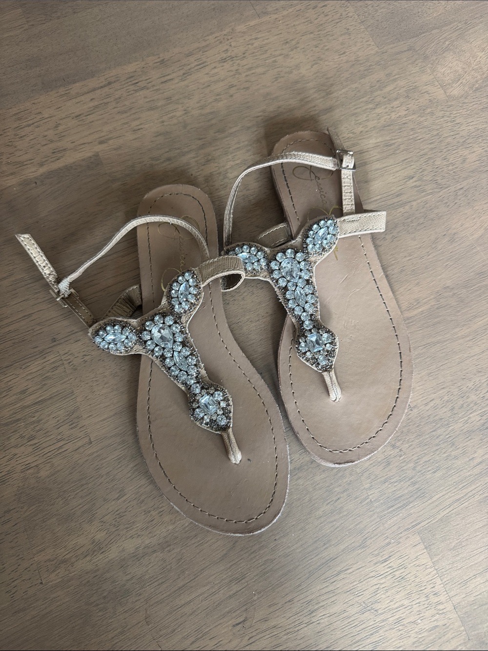 Jessica Simpson Champagne Jeweled T-Strap Sandals